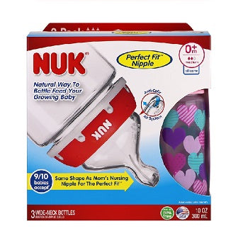 NUK Bottle with Perfect Fit Nipple 0+ Months Medium Hearts 3 Wide-Neck Bottles 10oz (300 ml) Each